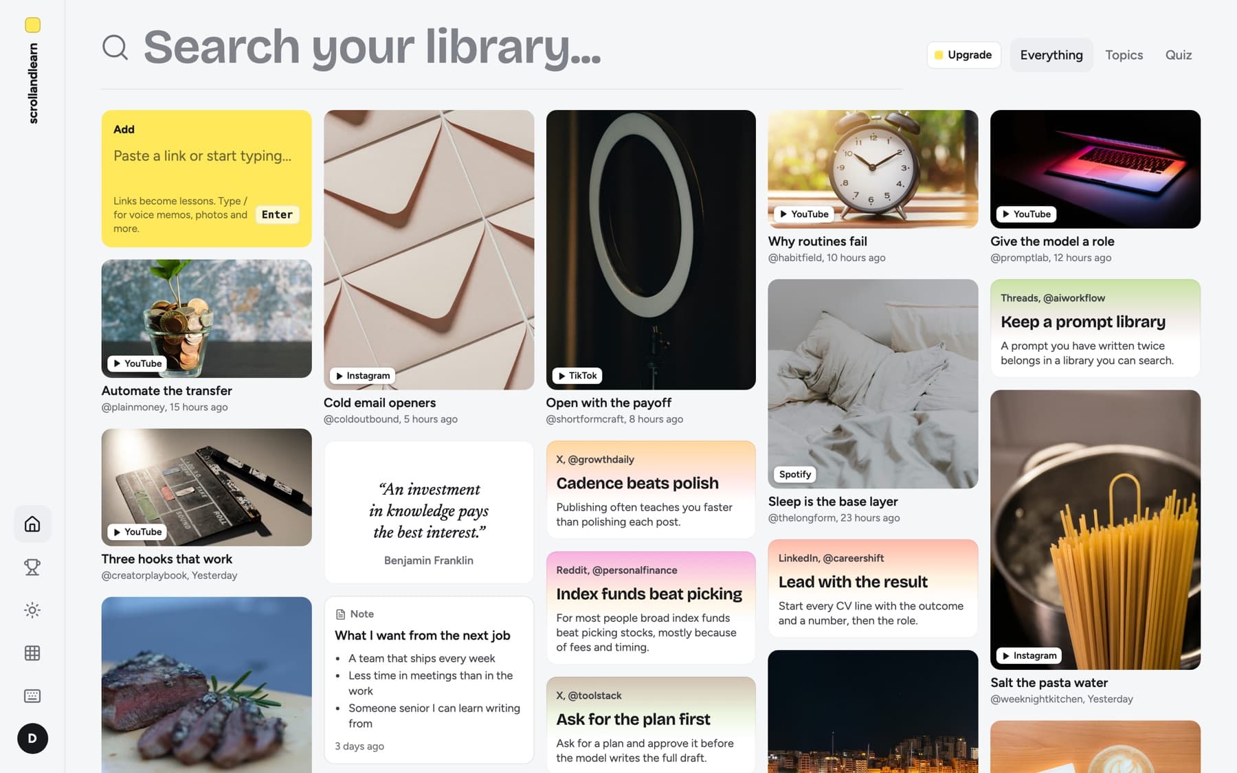 The Everything wall on a desktop: video lessons, a quote, a note and text posts