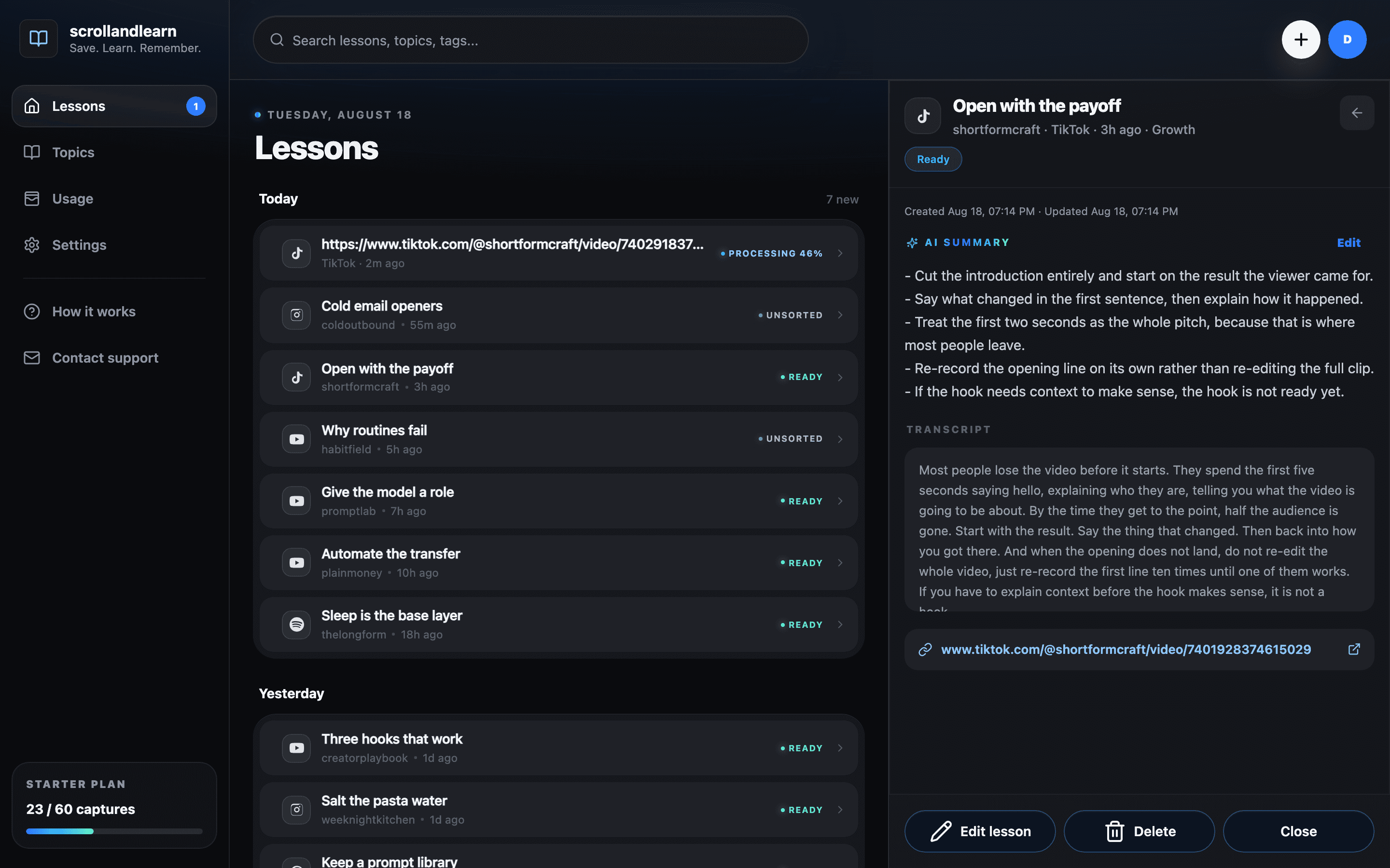 A lesson open on desktop, showing its summary, the full transcript, and a link back to the original post