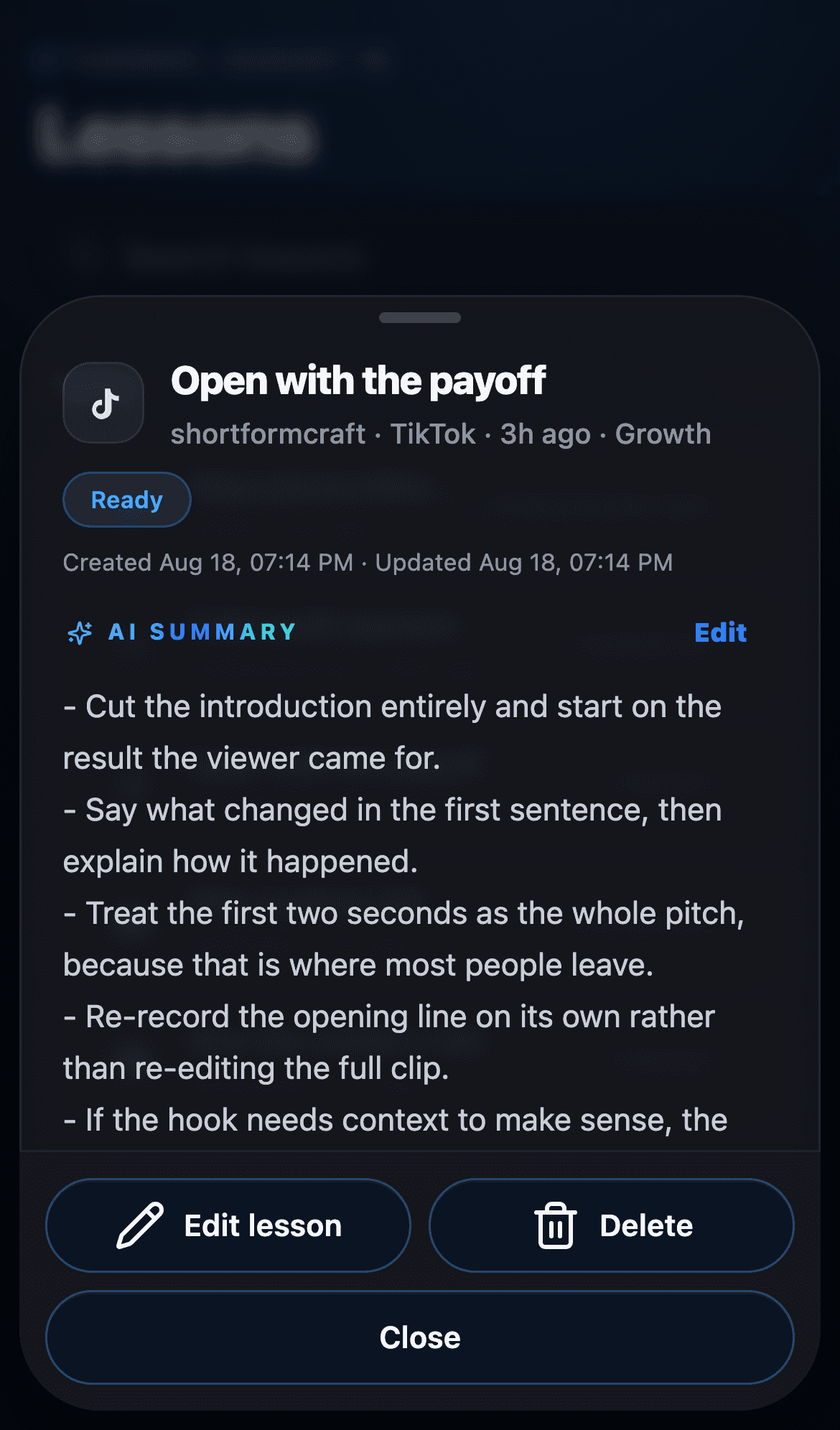 A finished lesson on mobile, showing its AI summary and the source it came from