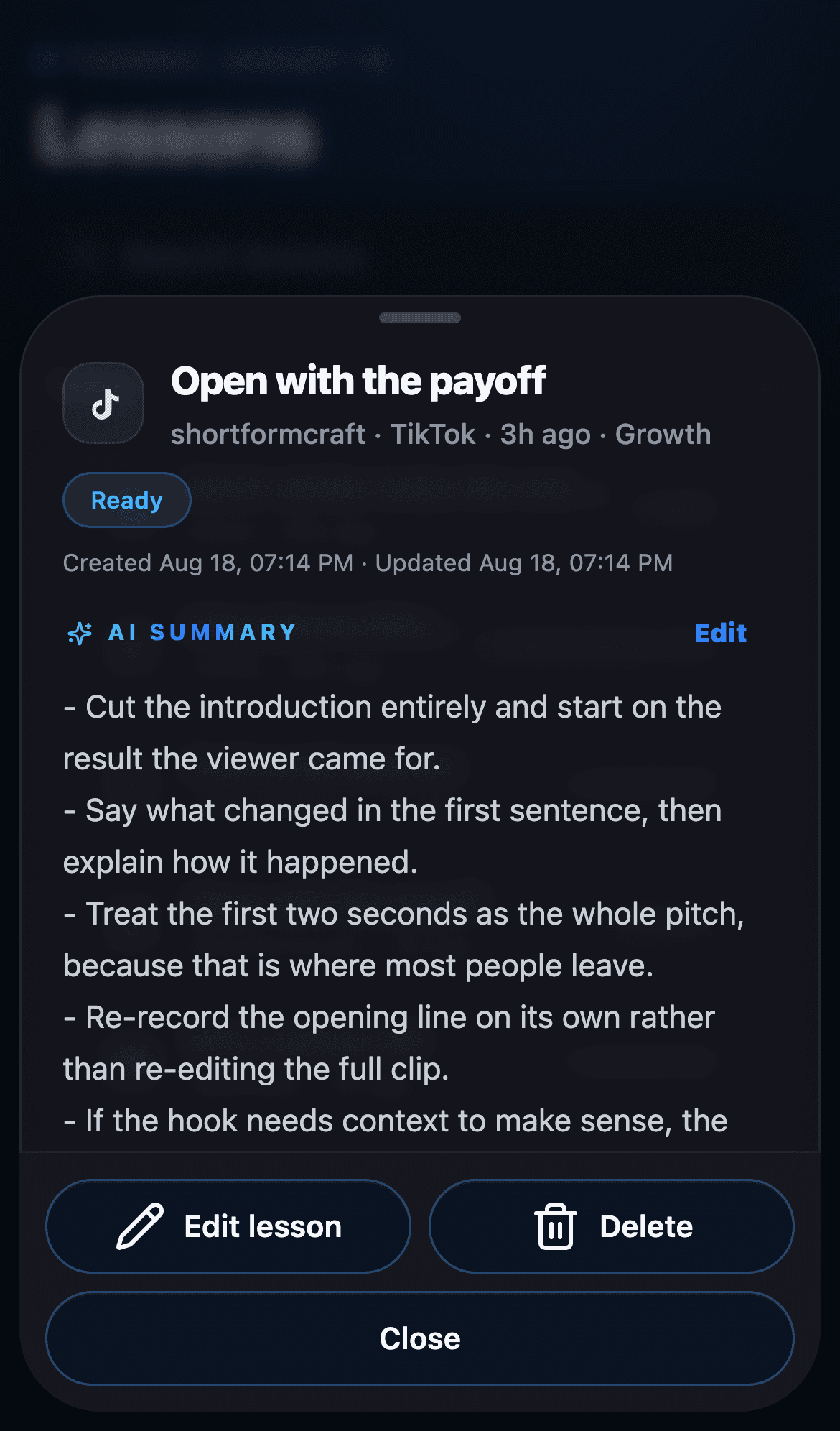 A saved post turned into a lesson, showing the creator, the topic, and the AI summary