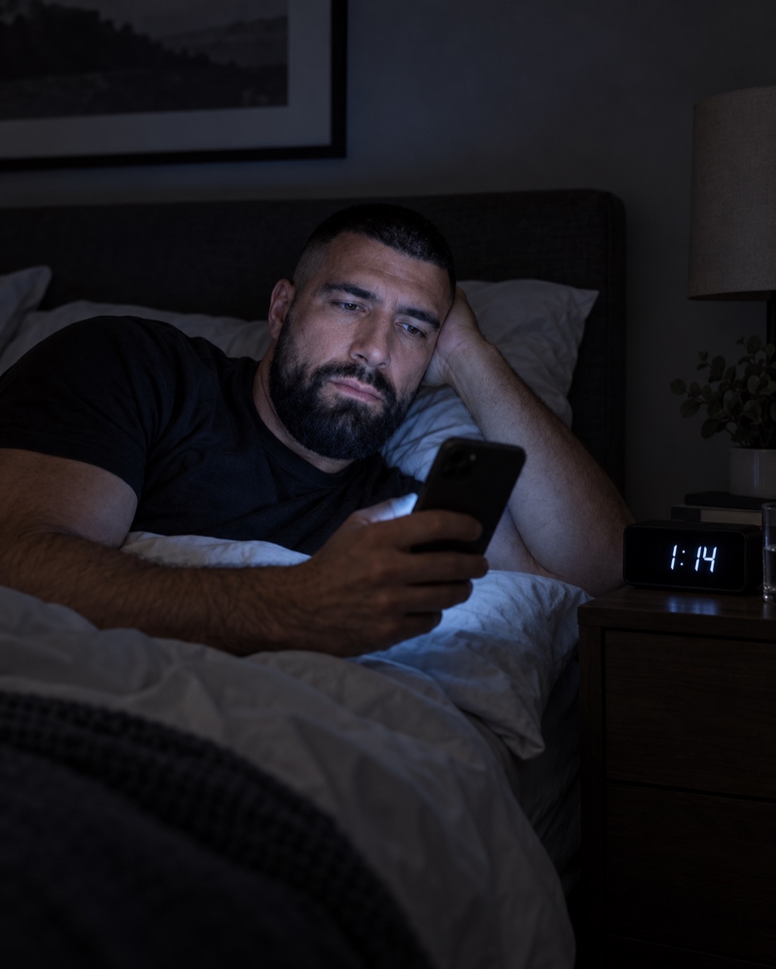 Marin in bed at 1:14 AM, lit by his phone