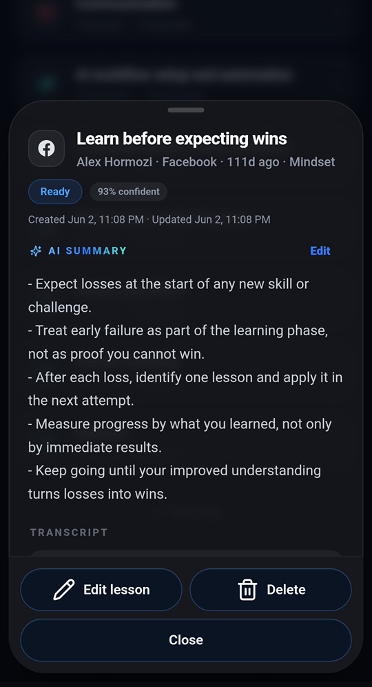 ScrollAndLearn summary of an Alex Hormozi clip: five takeaways, filed under Mindset