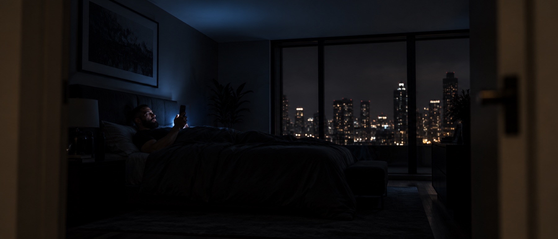 A dark bedroom at night, a phone glowing