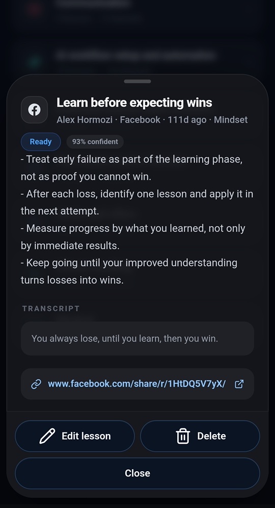 The same lesson with its transcript and the original Facebook link